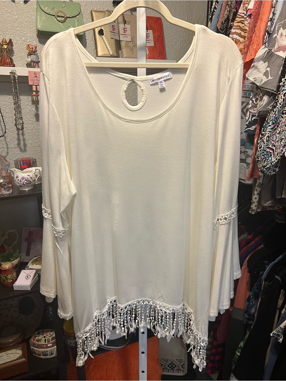 Roommates Cream Fringe Hem Boho Tunic Top